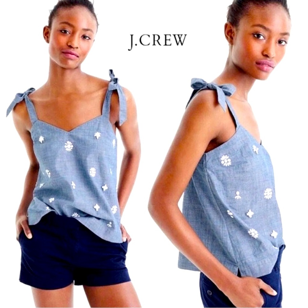 J. Crew  Embellished Denim/Chambray Top/ Tie Traps/ Size 2